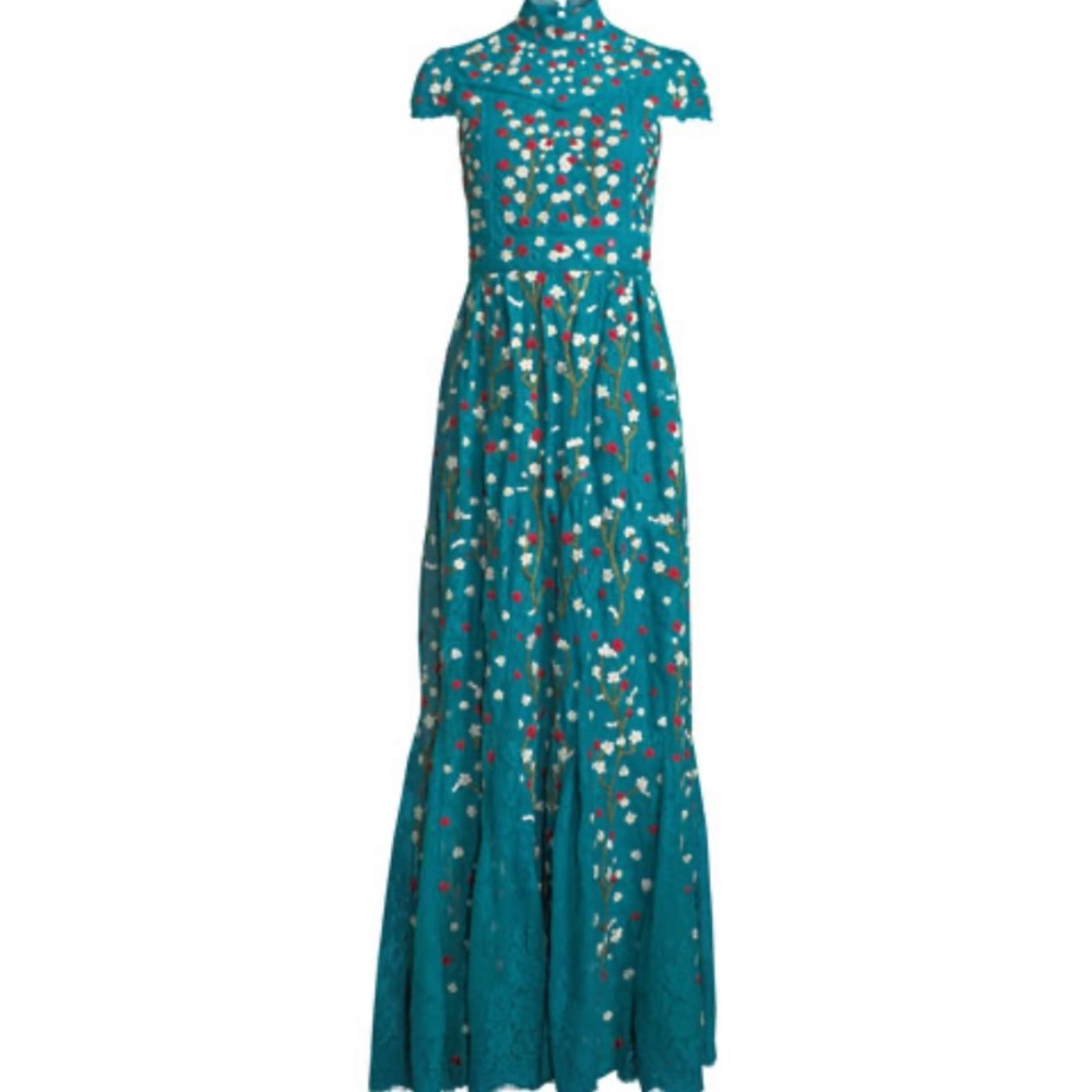 Alice + Olivia Arwen Embroidered Godet Gown